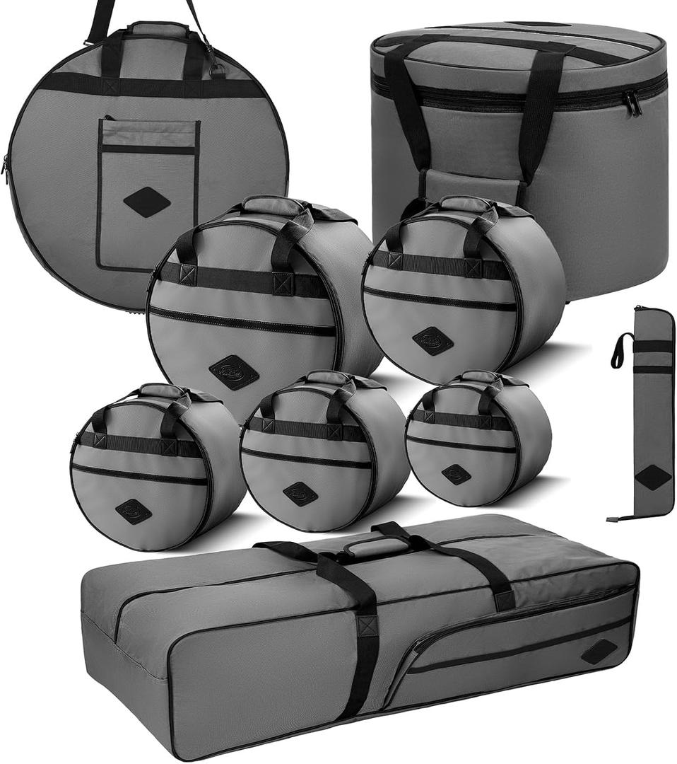 9-Piece Professional Drum Bag Set, Vintage Slub Cotton Padded Drum Case for 10/12/13" Toms, 14" Snare, 16" Floor Tom, 22x18" Bass Drum, Includes 24" Cymbal Bag, Hardware & Stick Bags(Grey)