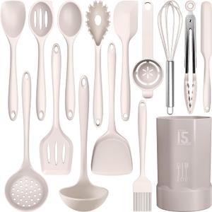 Silicone Cooking Utensils Set - 446F Heat Resistant Kitchen Utensils,Turner Tongs,Spatula,Spoon,Brush,Whisk,Kitchen Utensil Gadgets Tools Set for Nonstick Cookware,Dishwasher Safe (BPA Free) (Khaki)