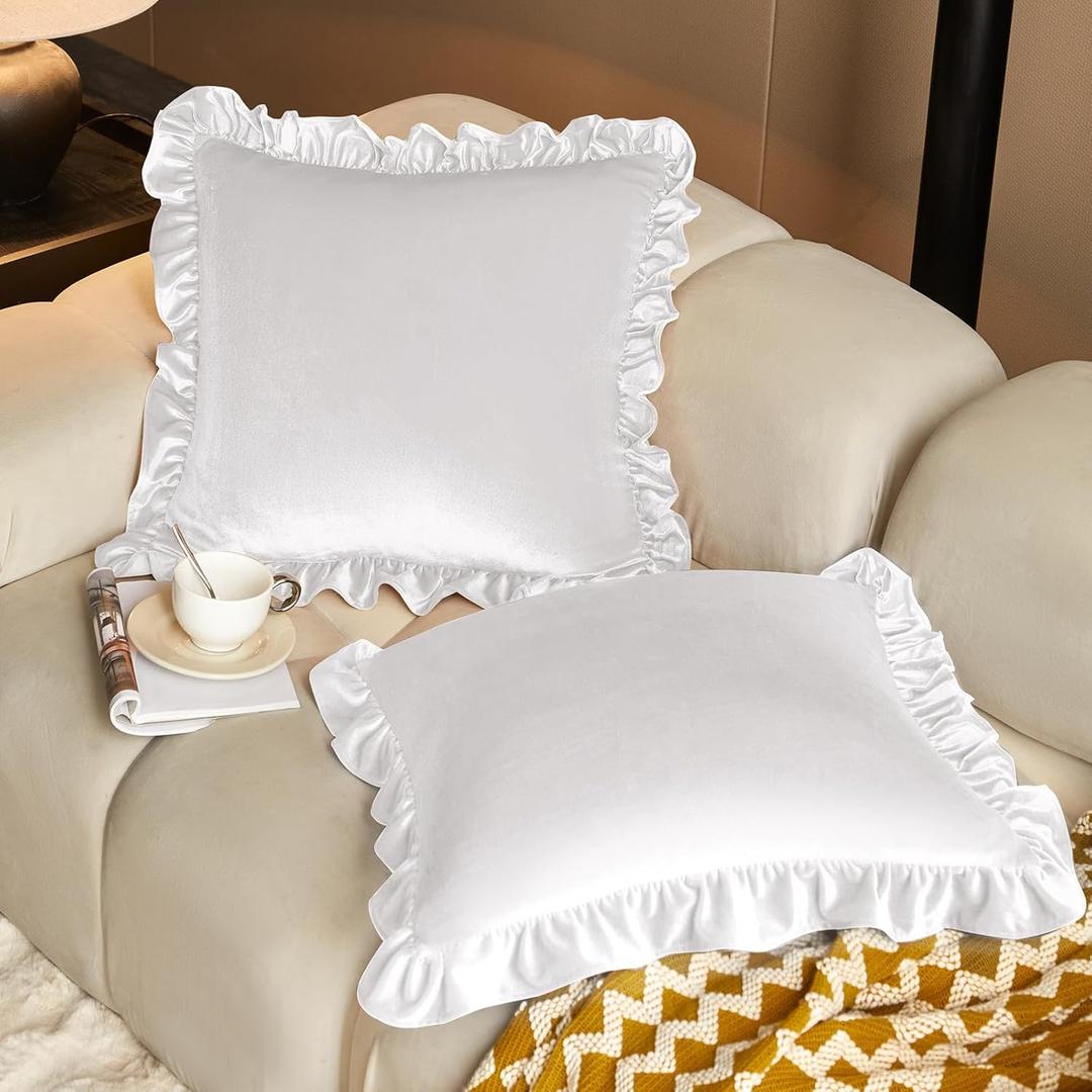 KKJIAF White Velvet Throw Pillow Covers 18 x 18 Inch Set of 2, Ruffle Euro Pillow Shams Velvet Square Pillow Case for Sofa Bedroom Couch Decorative