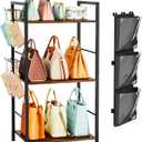 HapiRm Purse Organizer Storage Rack - Floor-Standing 3 Tier Purse Holder with Side Hooks and Transparent Pockets for Handbag Storage, High-Capacity Bag Organizer for Closet, Home, Living Room (Black)