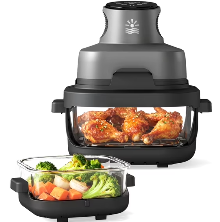 Portable 4-in-1 Glass Air Fryer | 400°F Precise Heat, Dual 4.2QT & 6QT Stackable Containers, Dual Capacity for 1 or Family, Max Crisp/Bake/Recrisp, Easy Clean