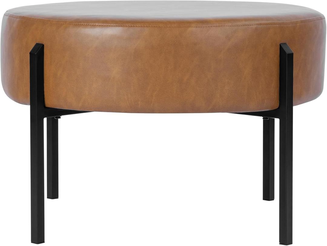 HomePop Modern Round Ottoman, Home Dcor,Upholstered Round Velvet Foot Rest Ottoman - Carmel Faux Leather Small