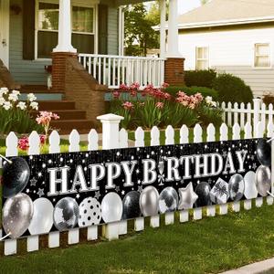 Black and White Happy Birthday Banner with Sparkly Balloons & Stars Pattern, 70.8x13 Inch Glitter Party Decor, Reusable Polyester Fabric Sign with Grommets for Indoor Outdoor Wall Door Decorations