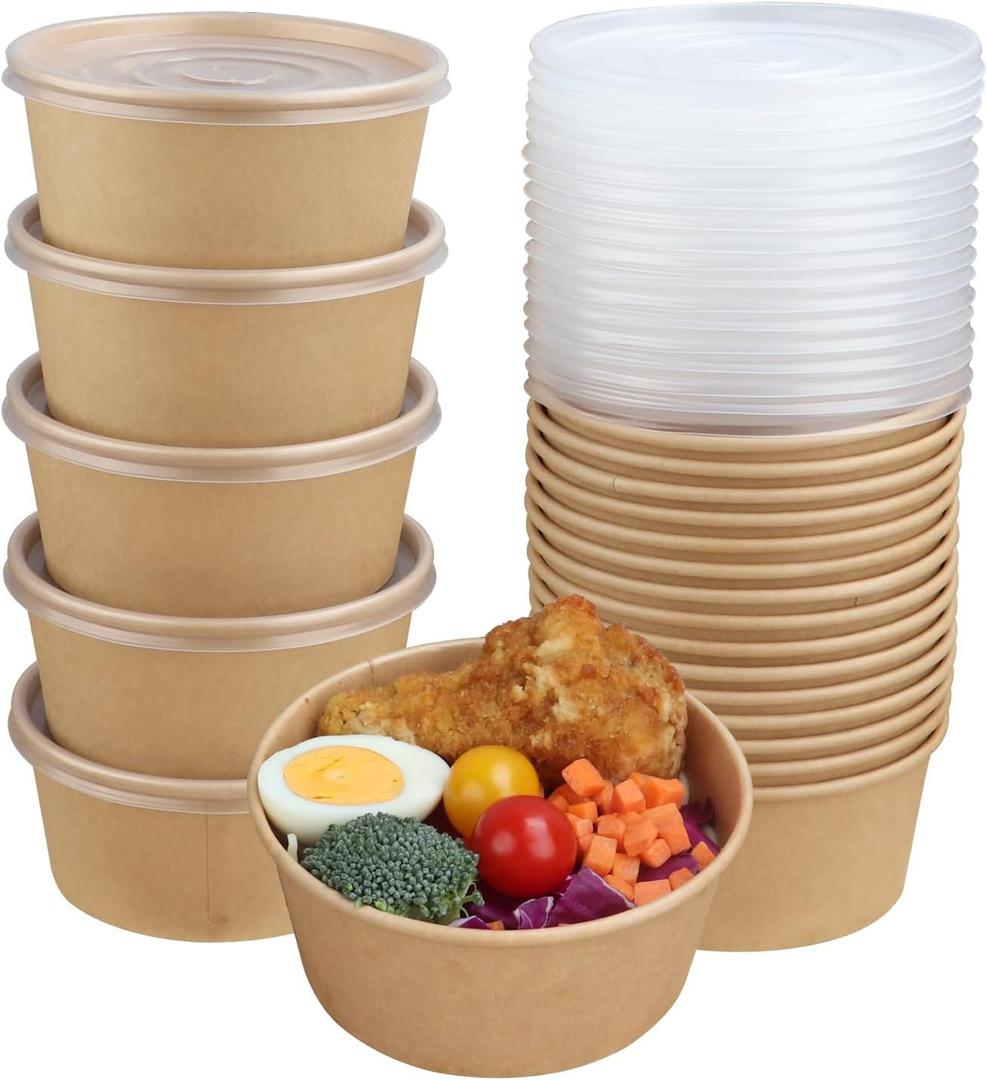 24 oz Disposable Kraft paper bowls with lids, Food containers Soup Bowls Party Supplies Treat Bowls 50 Pack