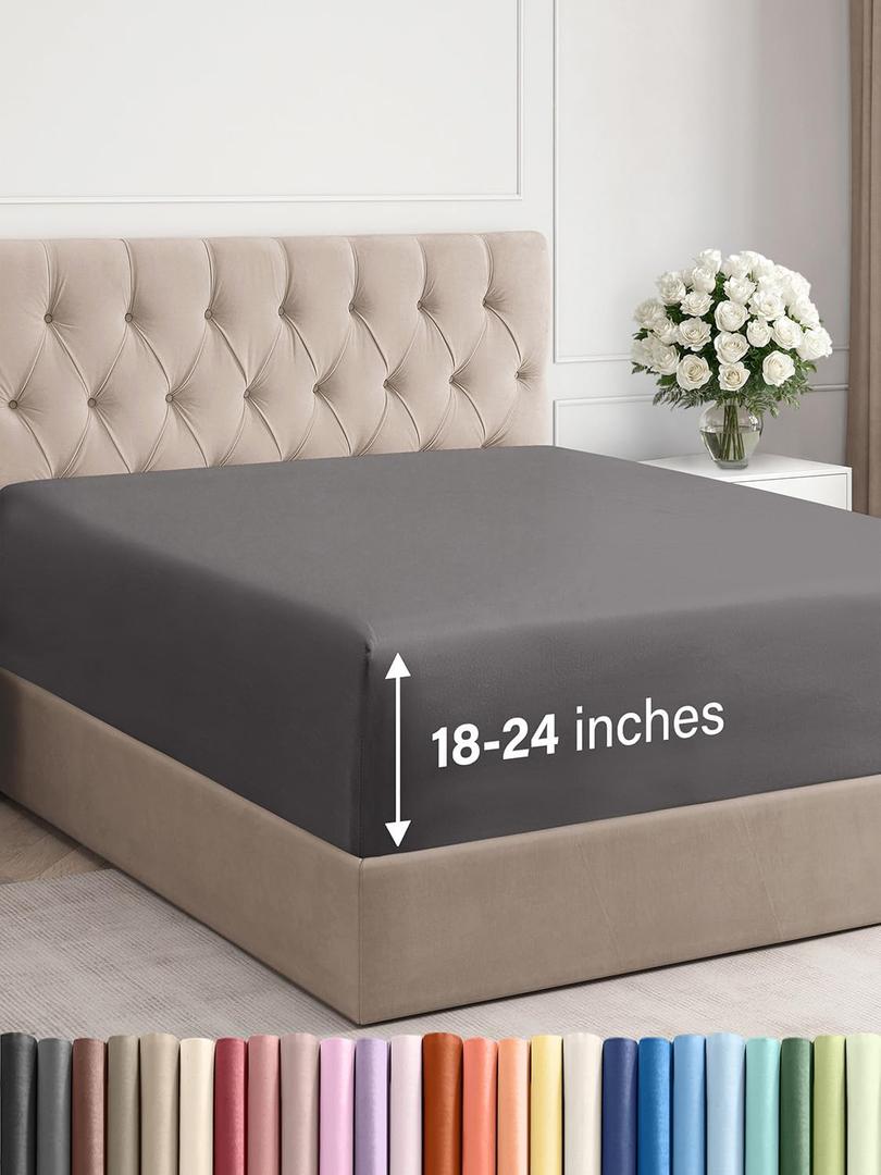 Extra Deep Queen Fitted Sheet - Hotel Luxury Single Fitted Sheet Only - Easily Fits 18 inch to 24 inch Mattress - Ultra Soft, Wrinkle & Fade Free w/Extra Deep Pockets - Breathable & Comfy - Dark Grey