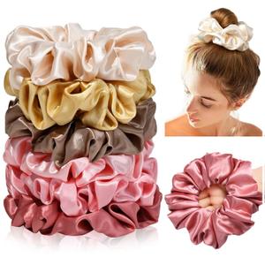 CEELGON Large Silk Satin Scrunchies for Women - Big Jumbo Hair Ties for Thick Curly Hair - Pack of 6 (Pink, Champagne, Ivory, Gold)