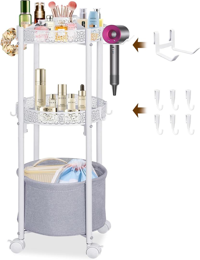 3-Tier Round Makeup Cart with Wheels, Rolling Vanity Organizer with Removable Hair Dryer Holder, Small Space Beauty Storage Cart for Skincare, Perfume, Nail Polish & Hair Tools, White