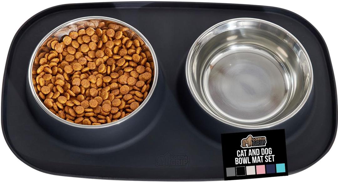 GORILLA GRIP Feeding Mat Set, Patent Pending 100% Waterproof BPA Free Silicone, Stainless Steel Cat and Dog Bowls, Slip Resistant, 1 Black mat/tray with 2 stainless steel bowls