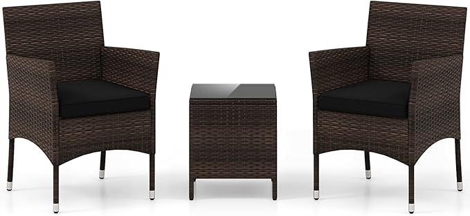 DORTALA 3 Piece Wicker Patio Furniture Set, PE Rattan Outdoor Conversation Set with 2 Chairs, Tempered Glass Top Table for Backyard Porch Poolside, Black