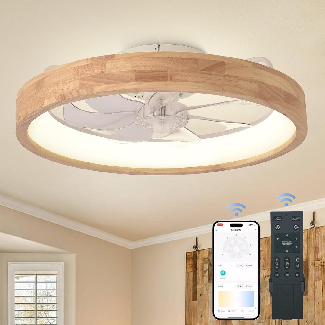 20 Ceiling Fan with Light, 3 Color Dimmable LED, 6 Speeds,Reversible DC Motor, Wooden Flush Mount Low Profile Ceiling Fans with Lights and Remote for Bedroom/Kidsroom/Dinng Room (Wood-SM-FSD)
