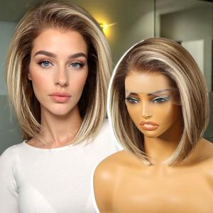Ash Blonde Highlight Synthetic Lace Front Wig,136 HD Short Straight Glueless Bob Wig for White Women Daily Use 12IN#TT6/166