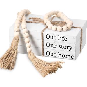 Jetec Decorative Display Books Hardcover, Faux Farmhouse Stacked for Coffee Tables Shelves with Wood Bead Tassels 58 Inch, 3 Pieces, White(Our Life, Our Story, Our Home)