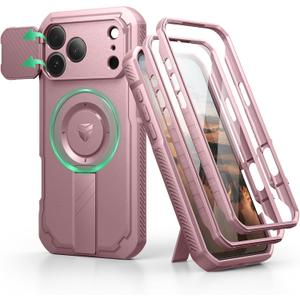 Dexnor for iPhone 17 Pro Max Case, [2 Front Frame & Built-in Flip Camera Cover & Kickstand], Compatible with MagSafe, Heavy-Duty Shockproof Portection Case with Screen Protector, 6.9 inch Peony Pink
