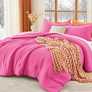 MUXHOMO Queen Comforter Set, All Season Ultra Soft Down Alternative Bedding - 3 Piece Lightweight Bed Set Includes 1 Comforter (90"x90") and 2 Pillow Shams (20"x26"), Hot Pink