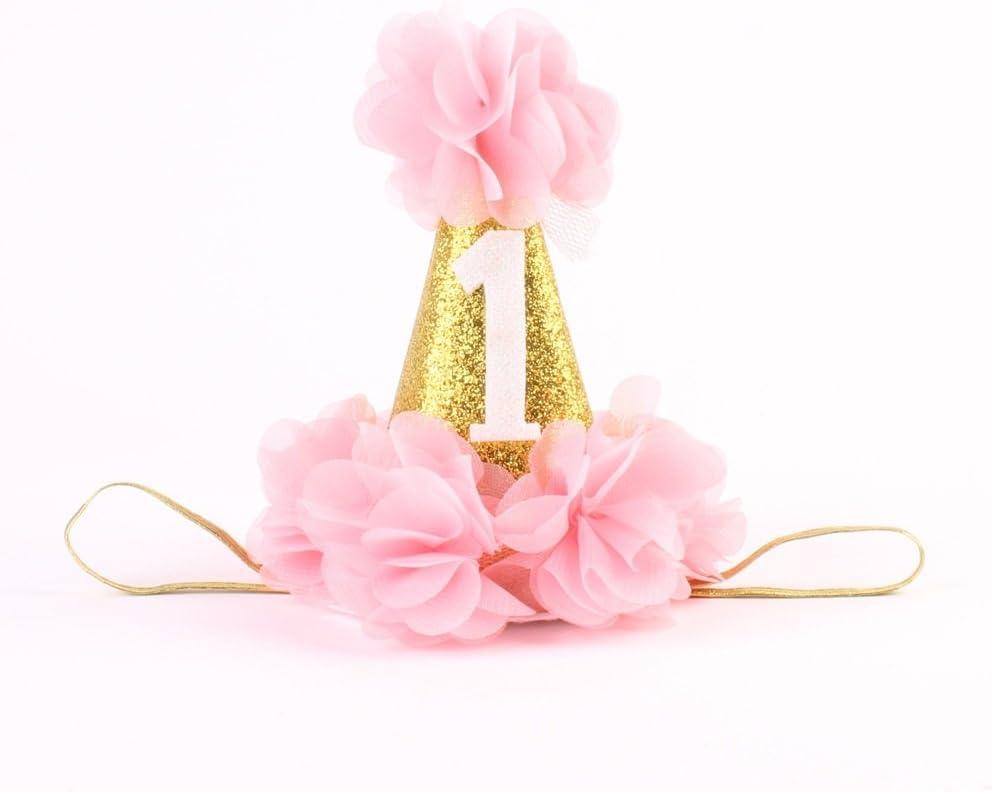 Stock Show 1st Pet Birthday Cone Hat Dogs Cats Holiday Party Hat Headwear Costume with Flowers Accessories and Adjustable Headband for Small Medium Dogs Cats Pets (Pink