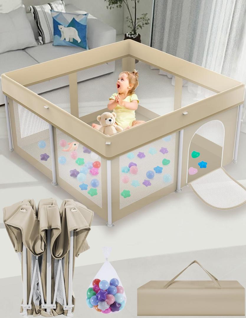 Jimglo Baby Playpen Foldable, Playard for Babies and Toddlers, Portable Playpen Activity Center with 50 Balls+2 Handles for Travel, Indoor & Outdoor Play Pen with Mesh 50''x50''