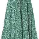 Women's Boho Floral Tiered Midi Skirt Elastic Waisted Pleated A-line Casual Summer Long Skirt (Green)