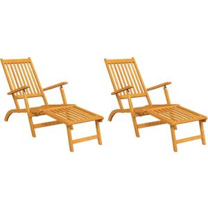 Benjara Outdoor Deck Chaise Chair Set of 2, Acacia Wood, Adjustable, 22 Inch
