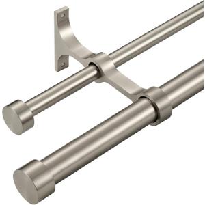 Double Curtain Rods with Aluminum End Cap and Full Surround Brackets,1-Inches Front and 5/8 Inches Back Adjustable Double Window Drapery Rod for Sheer and Blackout Curtains,72-144" ,Brushed Nickel