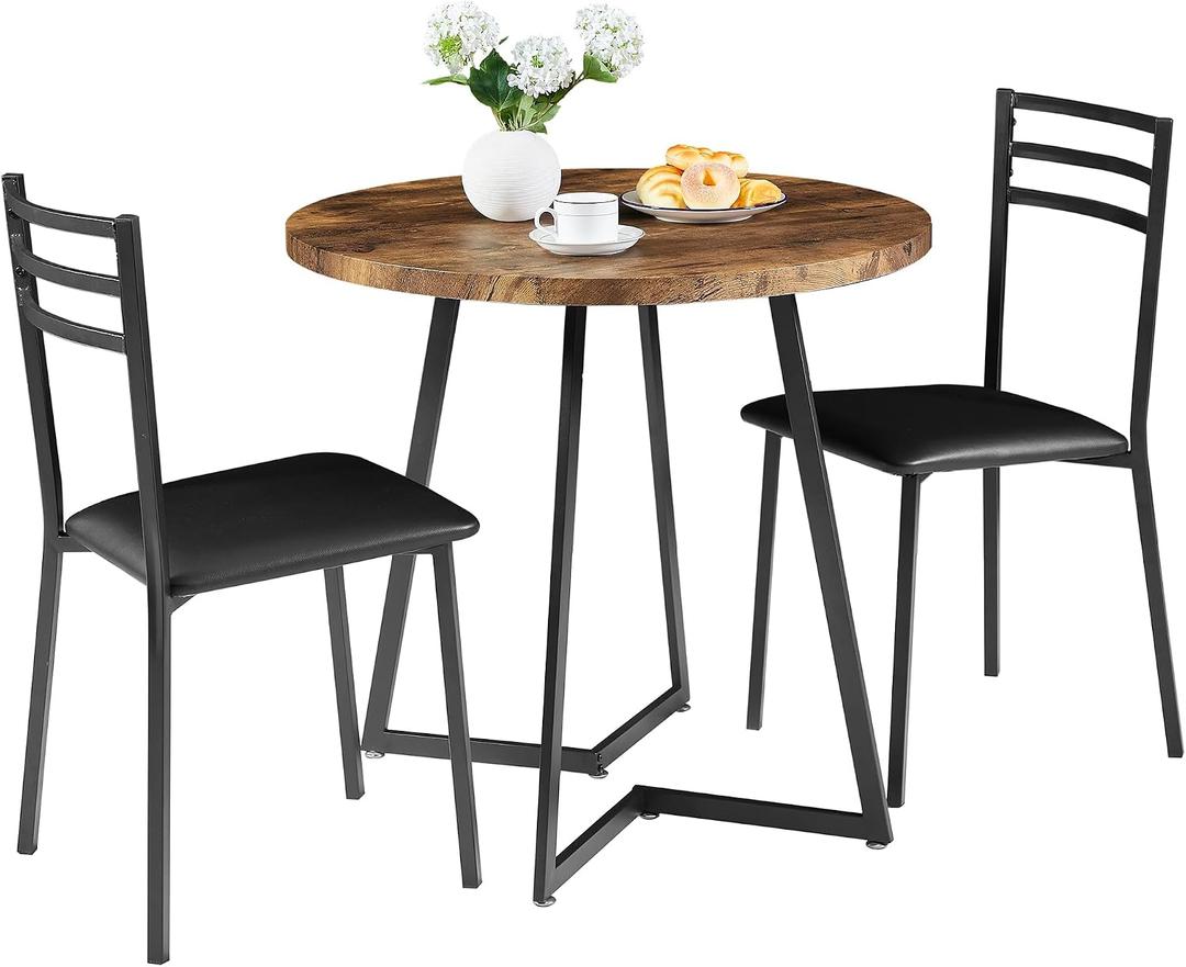 VECELO Small Round Kitchen Table with 2 Upholstered Chairs, 3-Piece Wood Dinette Sets with Steel Frame for Breakfast Nook, Dining Room, and Small Space, Brown, 31.5 inches diameter