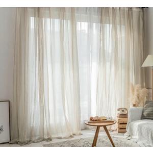 Beige Linen Tulle Curtains for Living RoomBedroom Kids Curtains Tulle Curtains, 2 Pack, 100x40