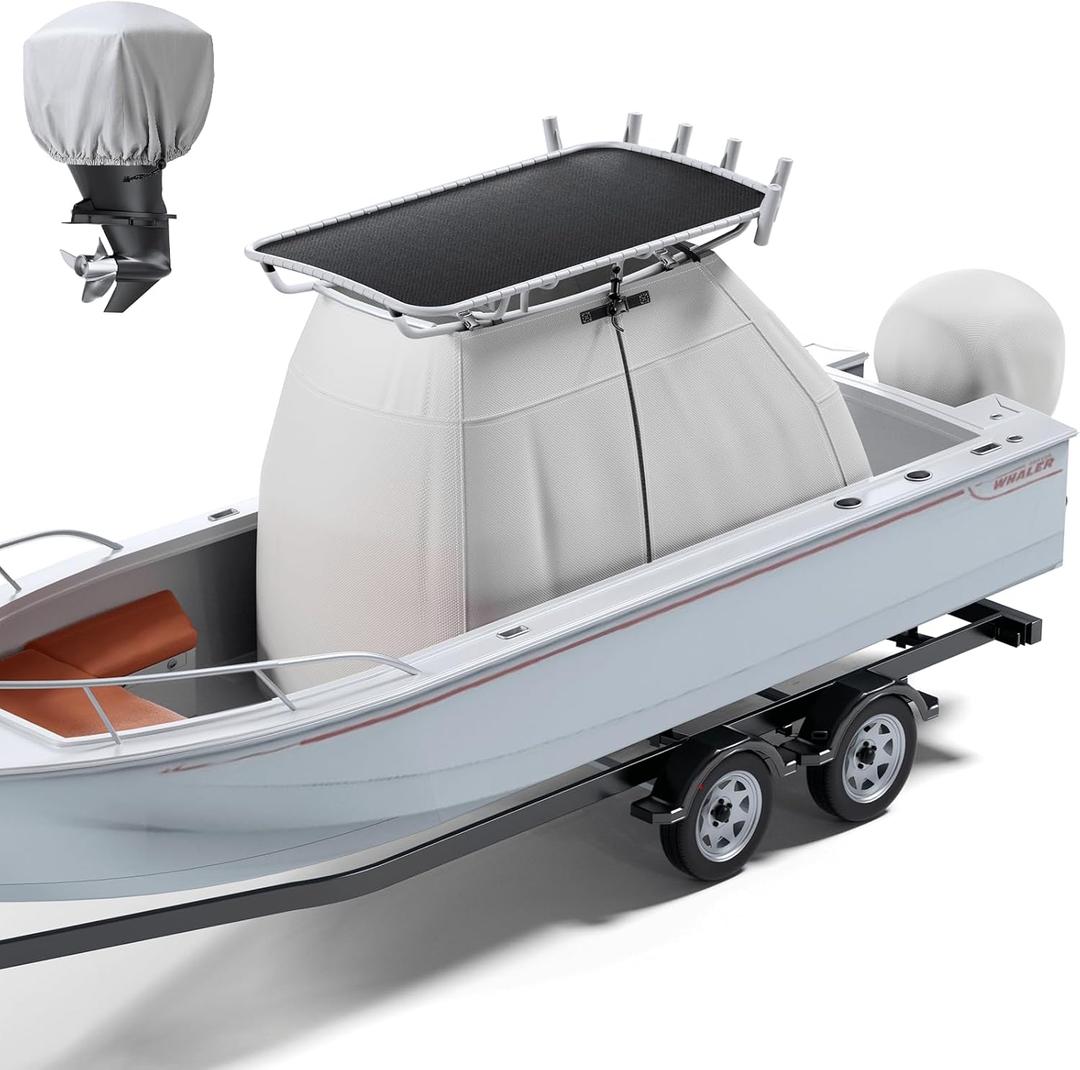 1200D Heavy Duty Waterproof T-Top Boat Center Console Cover with Motor Cover, Thick Tear-Resistant Marine Grade Polyester for T-Top Boat Center Console and Helm, 95" L x 59" W x 72" H, Gray