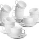 BTaT- Cappuccino Cups with Saucers 8 oz, Set of 12, White Porcelain Coffee Cup and Saucer Set for Latte, Mocha, Tea, Au Lait, Flat White, Dishwasher, Microwave, Freezer and Oven Safe