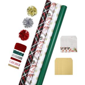 LaRibbons Christmas Wrapping Paper Sets, Classic Reindeer & Plaid Design With Ribbons & Gift Tags & Metallic Pom Pom, Perfect for Xmas, Holiday Party, 30Inch  10Feet 4 Rolls: 100 Sq.Ft.Ttl