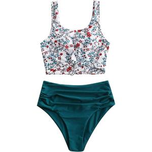 ZAFUL Women's High Waisted Tankini Scoop Neck Knotted Two Pieces Tankini Set Swimsuit (4-peacock Blue), S