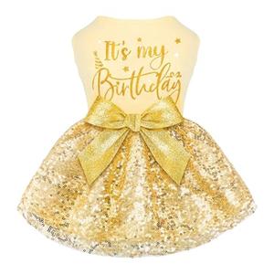 Fitwarm Birthday Girl Dog Tulle Dress, Dog Clothes for Small Dogs Girl, Cat Apparel, Yellow, Small