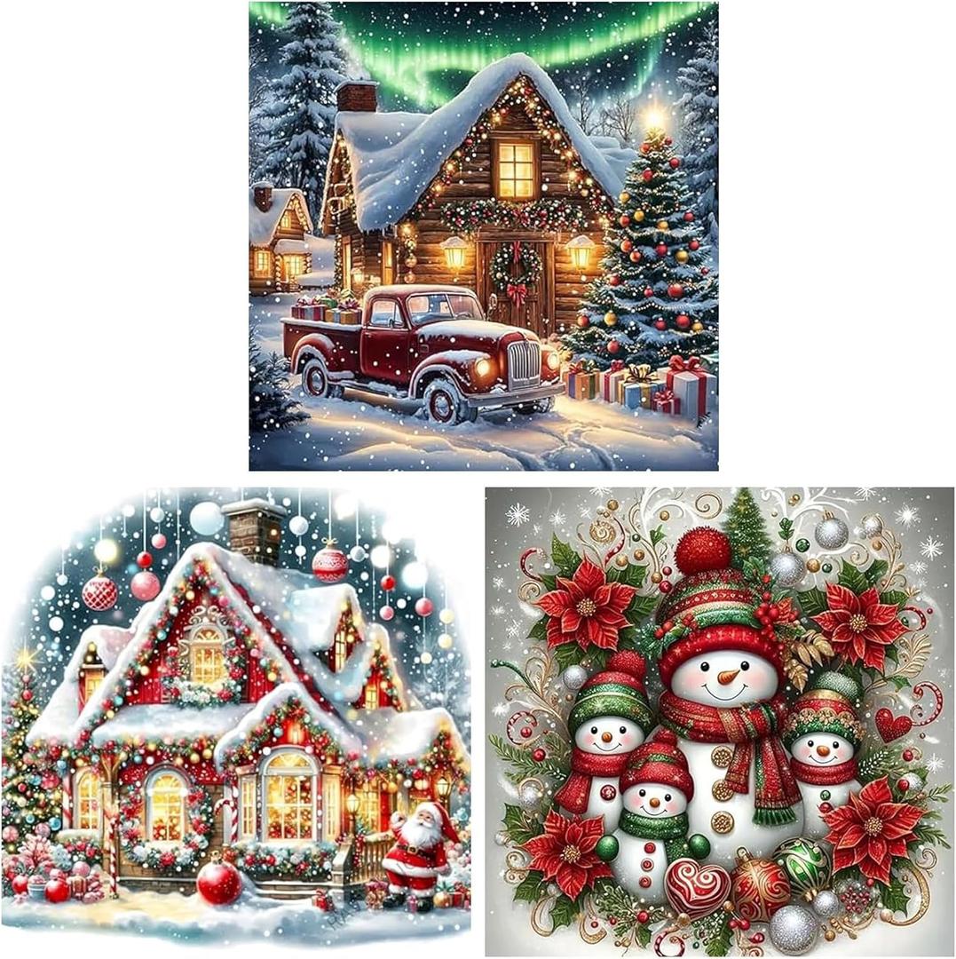 Aestalrcus 3 Pack Christmas Diamond Art Kits for Adults, Snowman House Diamond Painting Kits for Adults, 5D Gem Art and Crafts for Gift Home Wall Decor 14x14 Inch