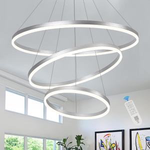 3-Rings D31.5 Modern LED Chandelier Silver, Dimmable Pendant Lighting with Remote Control Circular Flush Mount High Ceiling Light for Living Dining Room Bedroom Foyer, 3000K-6500K