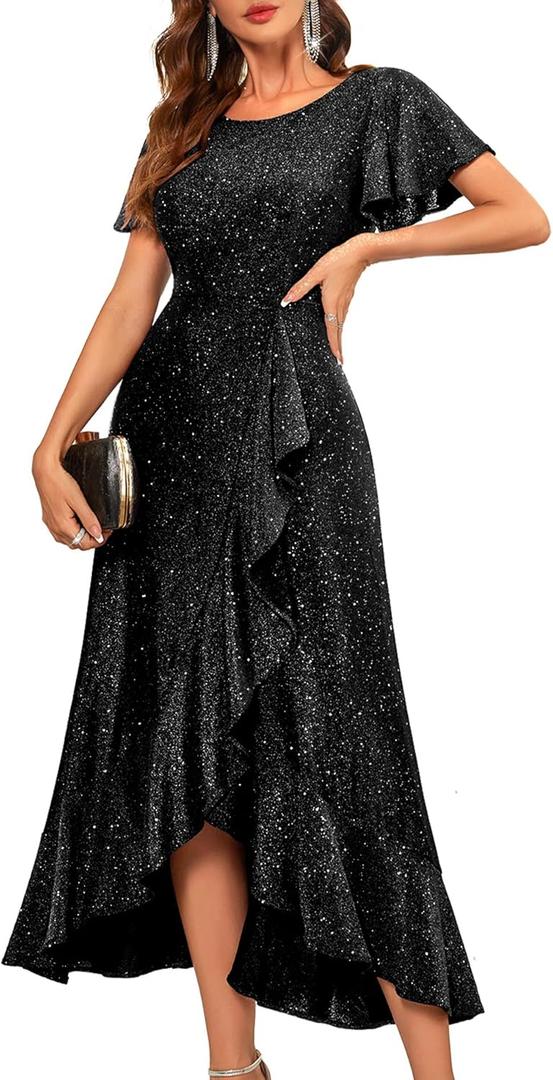 BeryLove Women Sequin Formal Party Dress Flutter Short Sleeve Wedding Cocktail Long Evening Dress (Medium, Black)