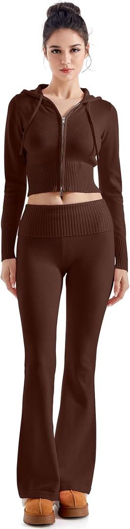 SUUKSESS Women 2 Piece Knit Sets Cropped Zip Up Hoodie Foldover Flare Leg Pants (Small, Dark Brown)