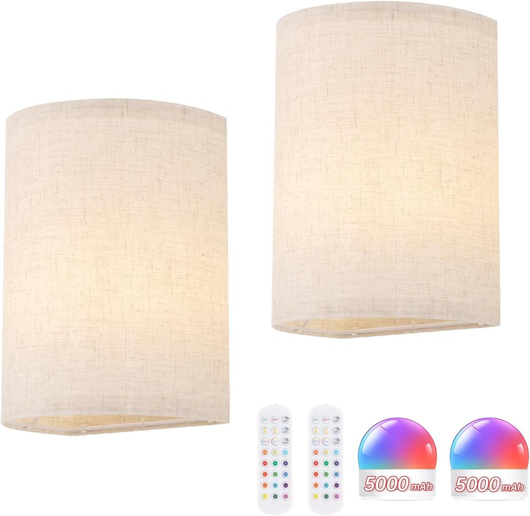 Shenmoyl Adhesive Battery Operated Wall Sconce Set of 2, 6000 mAh Battery Rechargeable Bulb with 12 RGB Colors, Stick on Wall Sconce No Drill Wall Lights, Linen (Half-circle Linen)
