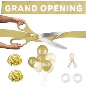 Deluxe Grand Opening Ribbon Cutting Ceremony Kit - 25" Giant Scissors with Gold Satin Ribbon, Banner, Bows, Balloons & More Deluxe Grand Opening Ribbon Cutting Ceremony Kit - 25" Giant Scissors with Gold Satin Ribbon, Banner, Bows, Balloons & More
