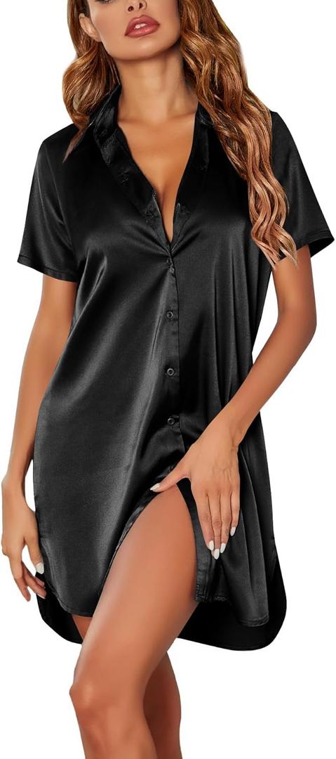 Ekouaer Satin Nightshirt for Women Button Down Nightgown Silk Short Sleeve Sleepshirt Notch Collar Sleepwear S-3XL (Black, XXXL)