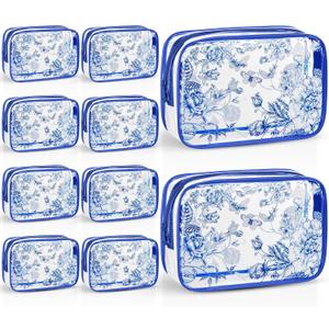 Set of 10 Clear Floral Cosmetic Bags PVC Makeup Bags Waterproof Travel Organizer Toiletry Pouches for Wedding Birthday Baby Shower Party Ideal Gift for Women Nurse Bridesmaid(Blue)