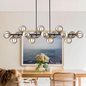 Chandelier,16-Light Black Linear Chandeliers for Dining Room Light 55inch Modern Linear Sputnik Chandelier Large Pendant Lights Kitchen Island Bubble Smoke Gray Glass Globe Kitchen Island Chandelier