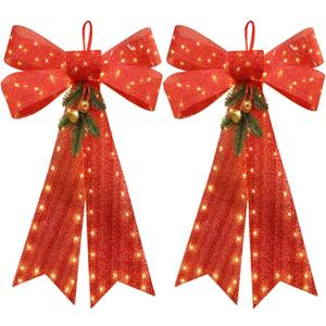 Christmas Tree Bow, 2 Pack 17'' x 24'' Tree Topper with 90 LED Lights, Battery Powered Red Bow Christmas Decorations with Pine Cone Bell for Indoor Home Window Wall Door Front Outdoor Xmas Decorations