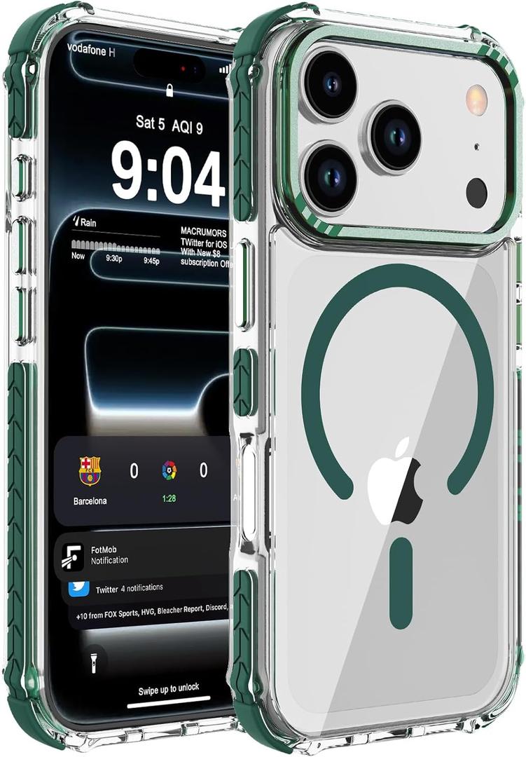 DEERLAMN Strong Magnetic Case for iPhone 17 Pro 6.3-Inch,[Compatible with Magsafe][Military Grade Drop Protection] Clear Slim Shockproof Protective Phone Cover-Transparent+Green