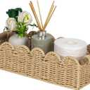 CubesLand Scalloped Edge Toilet Paper Storage Basket, Living Room Home Cozy Decor Basket, Paper Rope Small Baskets for Over Toilet Storage Shelf, End Table, Shelves, with 2 Wooden Handles, Beige