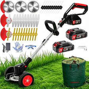 Electric Weed Wacker Cordless Eater,21V No String Trimmer Battery Powered,3-in-1 Grass Trimmer/Lawn Edger/Brush Cutter with Metal Blades&Wheels,Stringless Weed Trimmer battery operated for Garden&Yard