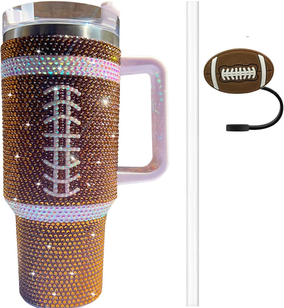 40 OZ Bling Tumbler with Handle and Straw,Football Stainless Steel Water Bottle,Large Rhinestone Tumbler for Women Girls with Cute Straw Covers Cap (Brown)