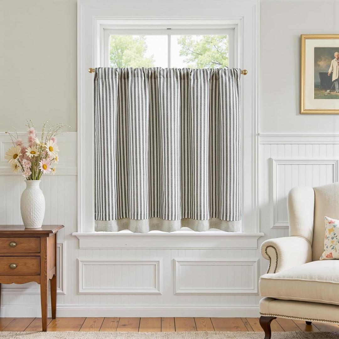 jinchan Double Layer Striped Linen Kitchen Tier Curtain Rustic Cafe for Living Room Bathroom Half Window Curtain Light Filtering Rod Pocket 1 Panel 36 Inch Charcoal Grey