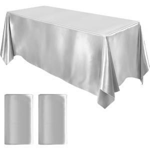 MCEAST 2 Packs Satin Tablecloth 102 x 58 Inches Rectangular Table Overlay Cover Bright Silk Tablecloth Smooth Fabric Table Decor for Wedding Banquet Decoration (Silver)