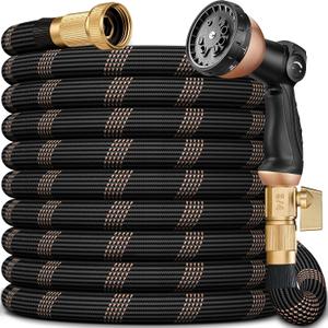 Garden Hose 50FT, Lightweight Flexible Water Hose, 5/8" Kink Free Leak Proof Hose, Heavy Duty 96-Layer Woven with 3/4" Brass Fittings, 10 Function Nozzle for Yard Lawn Outdoor Car Wash(BlackRosegold)