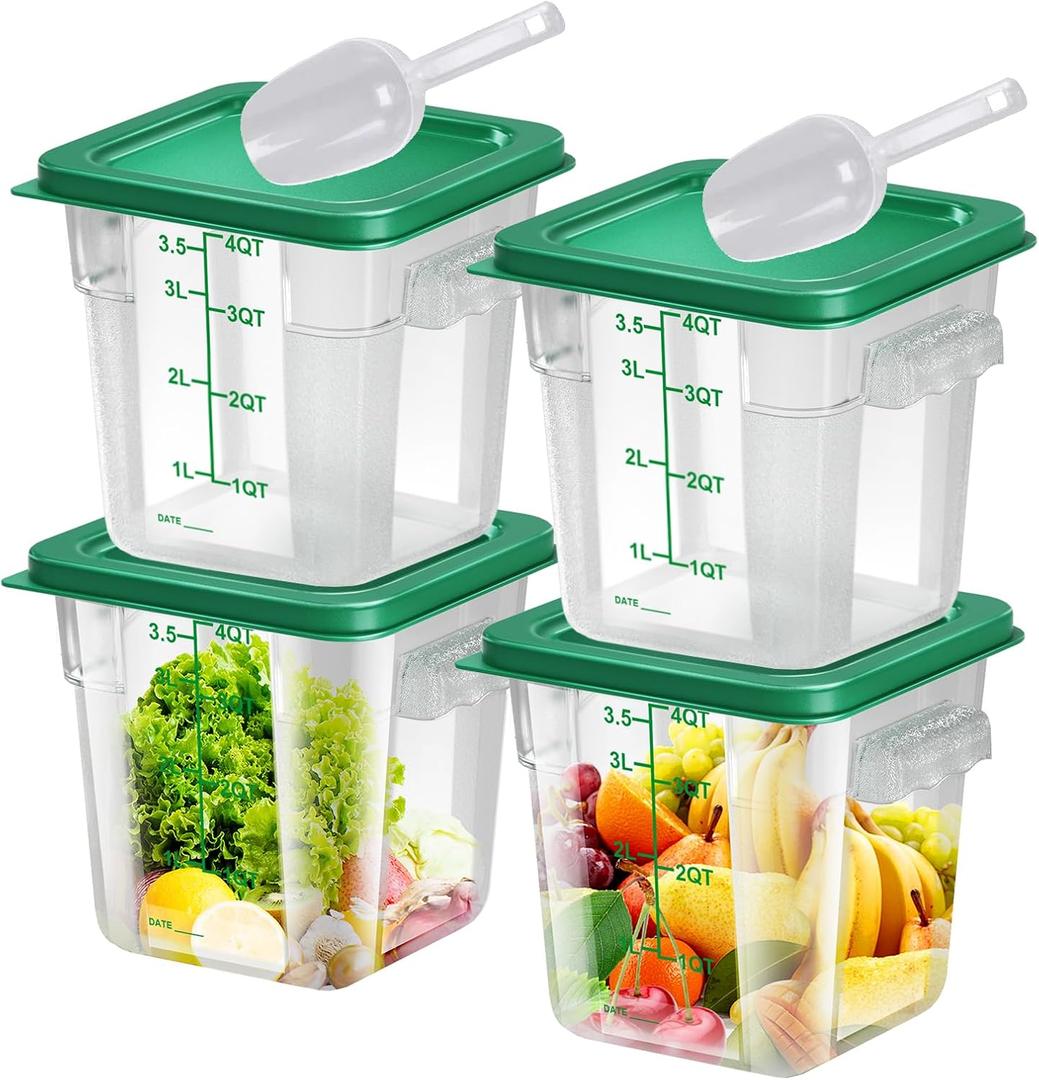 4 pcs 4qt Food Storage Containers with Lid, Square Clear Commercial Food Storage Containers with Handle and Scale for Food Storage in Home Kitchen & Dining (Green), 7.48x7.48x7.87
