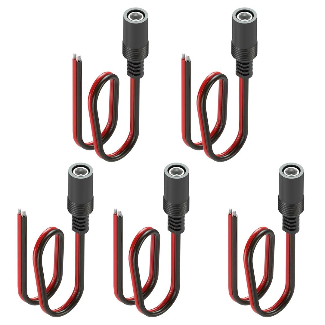 DROK (Real 18AWG 5pcs DC Barrel Connectors - 5.5x2.1mm DC Plug Female Pigtail Connector Pure Copper 2 Conductor Wire for Tactacam Reveal, 12V Power Supply, CCTV Camera, Solar Panel