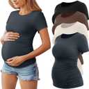 Huukeay 4 Pack Women's Maternity Shirts, Crew Neck Maternity Top Short Sleeve Casual Cotton Tee Side Ruched Pregnancy Clothes (Medium, Black, Dark Gray, Cream, Coffee)